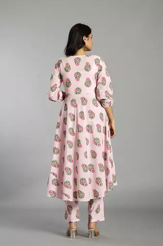light pink block print cotton a-line maternity kurta trouser dupatta set