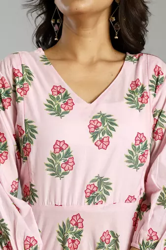 light pink block print cotton a-line maternity kurta trouser dupatta set