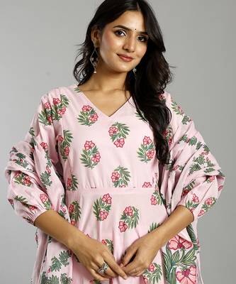 light pink block print cotton a-line maternity kurta trouser dupatta set 5