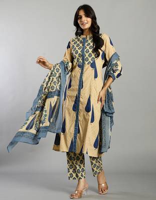 blue and cream ethnic motifs cotton a-line kurta trouser dupatta set 1