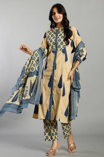 blue and cream ethnic motifs cotton a-line kurta trouser dupatta set