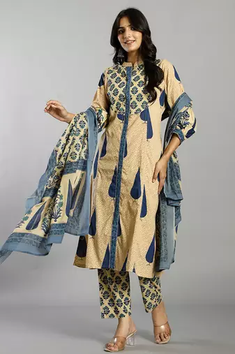 blue and cream ethnic motifs cotton a-line kurta trouser dupatta set