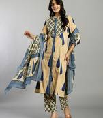 blue and cream ethnic motifs cotton a-line kurta trouser dupatta set