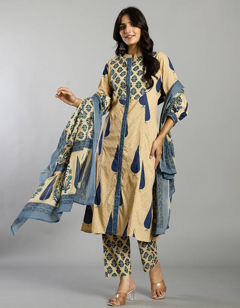 blue and cream ethnic motifs cotton a-line kurta trouser dupatta set