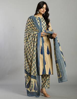 blue and cream ethnic motifs cotton a-line kurta trouser dupatta set 2