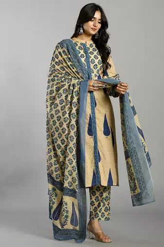 blue and cream ethnic motifs cotton a-line kurta trouser dupatta set