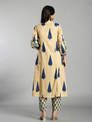 blue and cream ethnic motifs cotton a-line kurta trouser dupatta set 3