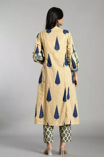 blue and cream ethnic motifs cotton a-line kurta trouser dupatta set