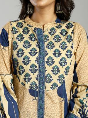 blue and cream ethnic motifs cotton a-line kurta trouser dupatta set 4