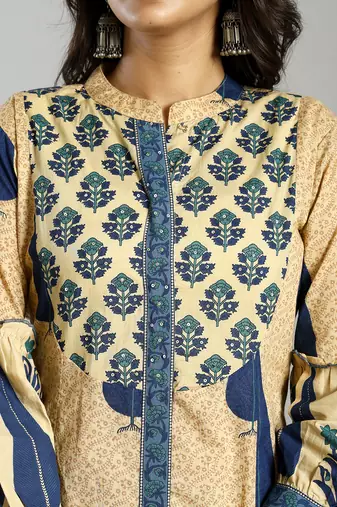 blue and cream ethnic motifs cotton a-line kurta trouser dupatta set