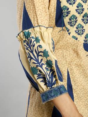 blue and cream ethnic motifs cotton a-line kurta trouser dupatta set 5
