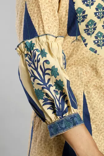 blue and cream ethnic motifs cotton a-line kurta trouser dupatta set