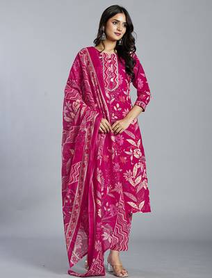 pink floral cotton straight kantha work kurta trouser dupatta set 1