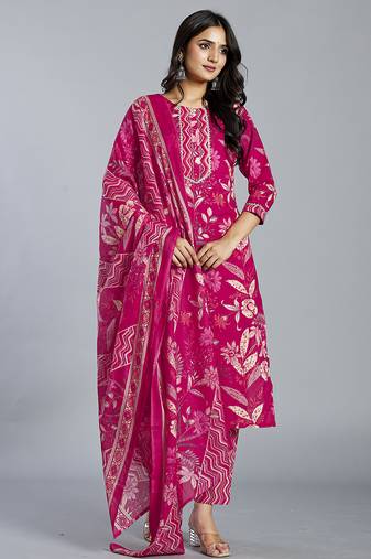 Yufta pink floral cotton straight kantha work kurta trouser dupatta set