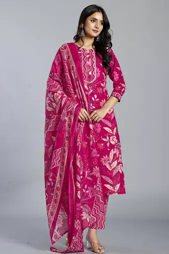 Yufta pink floral cotton straight kantha work kurta trouser dupatta set