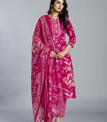 pink floral cotton straight kantha work kurta trouser dupatta set
