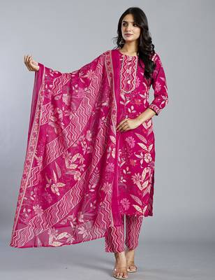 pink floral cotton straight kantha work kurta trouser dupatta set 2