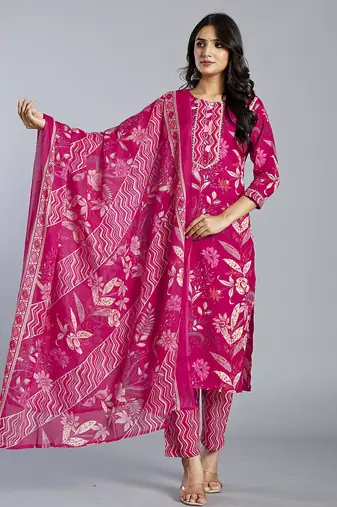 pink floral cotton straight kantha work kurta trouser dupatta set