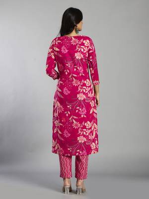 pink floral cotton straight kantha work kurta trouser dupatta set 3