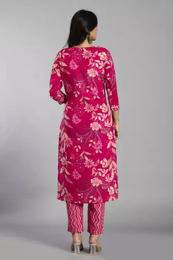 pink floral cotton straight kantha work kurta trouser dupatta set