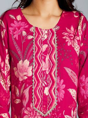 pink floral cotton straight kantha work kurta trouser dupatta set 4