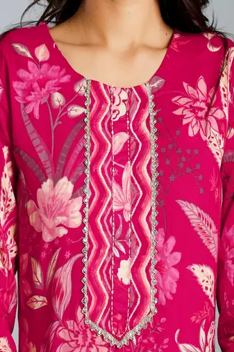 pink floral cotton straight kantha work kurta trouser dupatta set