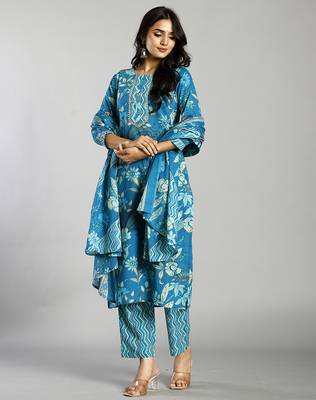 turquoise blue floral cotton straight kantha work kurta trouser dupatta set 1