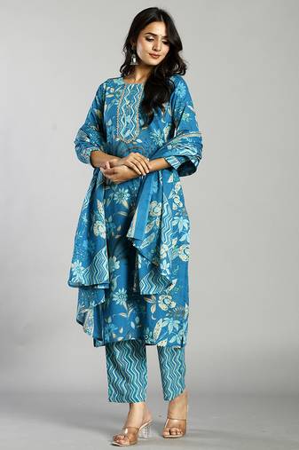 turquoise blue floral cotton straight kantha work kurta trouser dupatta set