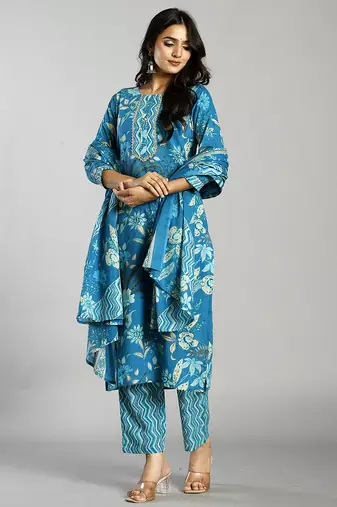 turquoise blue floral cotton straight kantha work kurta trouser dupatta set