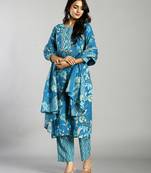 turquoise blue floral cotton straight kantha work kurta trouser dupatta set