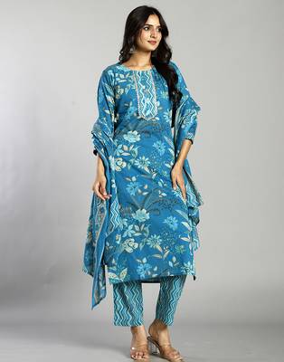 turquoise blue floral cotton straight kantha work kurta trouser dupatta set 2