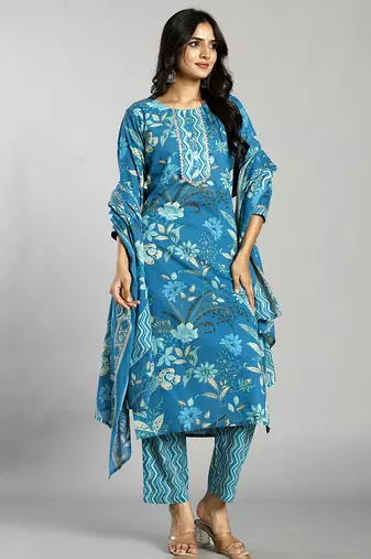 turquoise blue floral cotton straight kantha work kurta trouser dupatta set