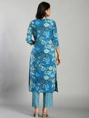turquoise blue floral cotton straight kantha work kurta trouser dupatta set 3