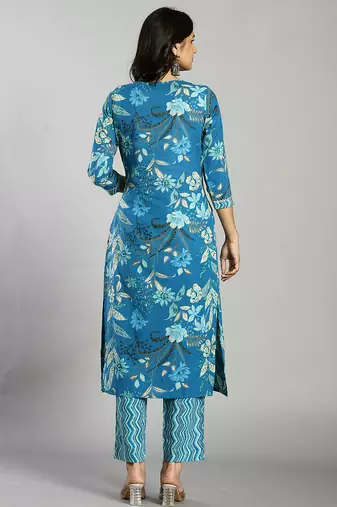 turquoise blue floral cotton straight kantha work kurta trouser dupatta set
