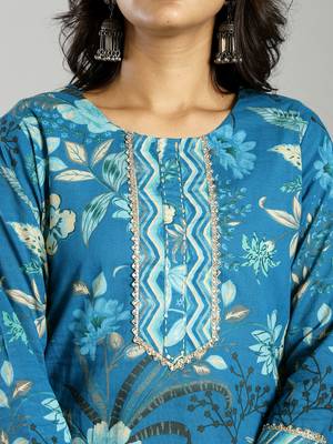 turquoise blue floral cotton straight kantha work kurta trouser dupatta set 4