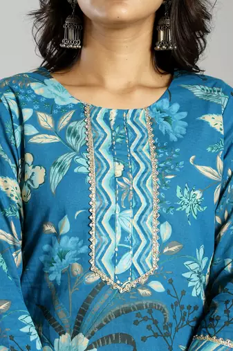 turquoise blue floral cotton straight kantha work kurta trouser dupatta set