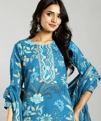 turquoise blue floral cotton straight kantha work kurta trouser dupatta set 5