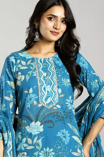 turquoise blue floral cotton straight kantha work kurta trouser dupatta set
