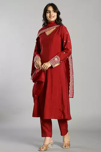 red roman silk zari work a-line kurta trouser dupatta set
