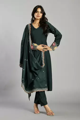 Yufta green roman silk zari work a-line kurta trouser dupatta set