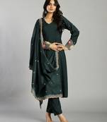 green roman silk zari work a-line kurta trouser dupatta set