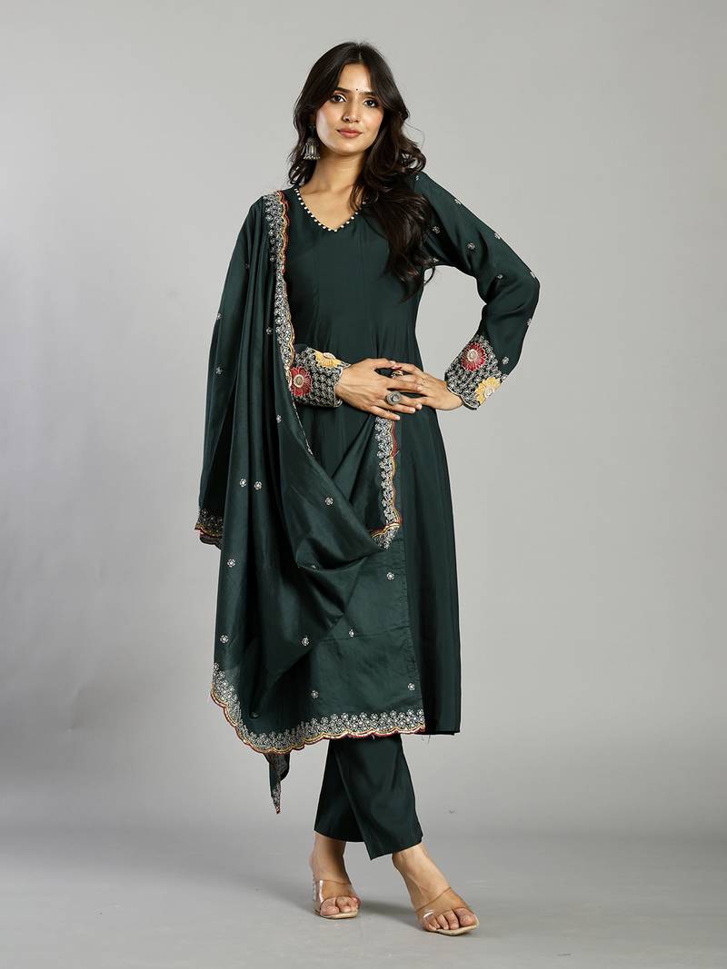 Yufta green roman silk zari work a-line kurta trouser dupatta set
