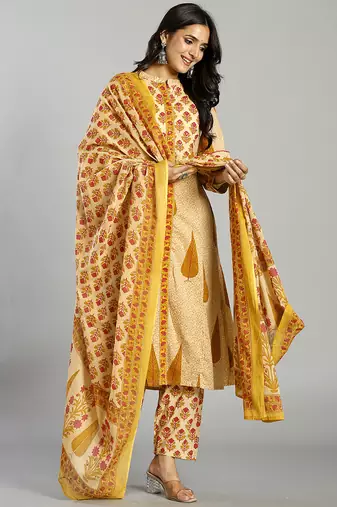 Yufta mustard and cream ethnic motifs cotton a-line kurta trouser dupatta set