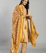 mustard and cream ethnic motifs cotton a-line kurta trouser dupatta set