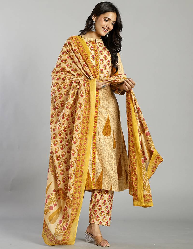 Yufta mustard and cream ethnic motifs cotton a-line kurta trouser dupatta set