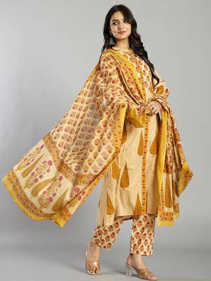 mustard and cream ethnic motifs cotton a-line kurta trouser dupatta set 2