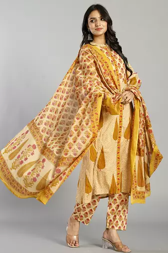 mustard and cream ethnic motifs cotton a-line kurta trouser dupatta set