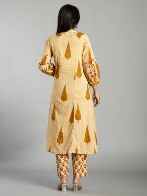 mustard and cream ethnic motifs cotton a-line kurta trouser dupatta set 3