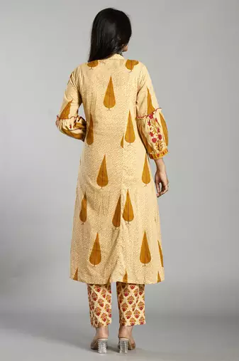 mustard and cream ethnic motifs cotton a-line kurta trouser dupatta set