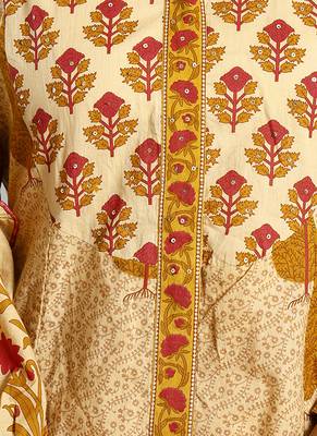 mustard and cream ethnic motifs cotton a-line kurta trouser dupatta set 4